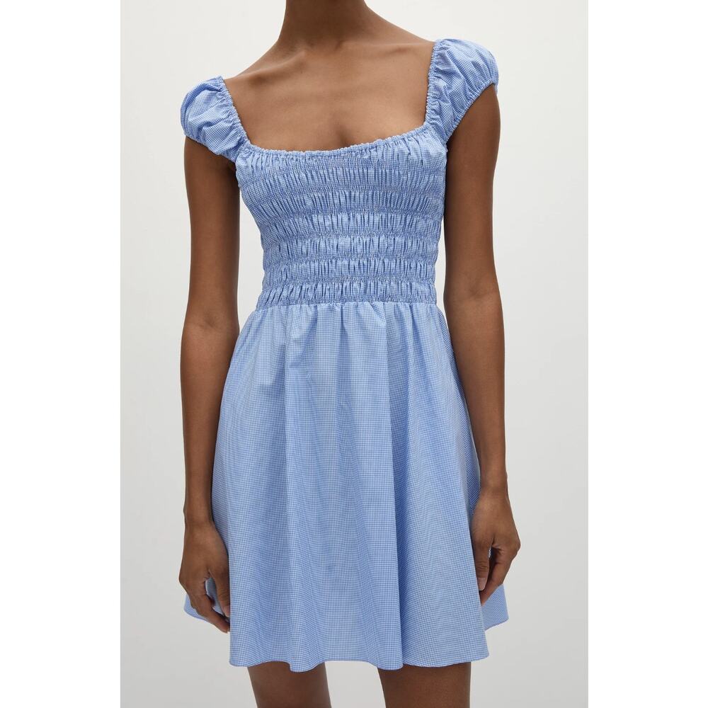 Faithfull Lene Blue Micro Gingham Cap Sleeve Smocked Mini Dress Size US 8